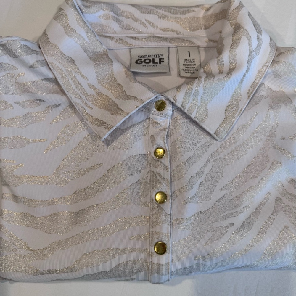 Chico’s Zenergy Golf Women's Long Sleeve 1/4 ButtonTop -‎ Gold/White,  Size 1